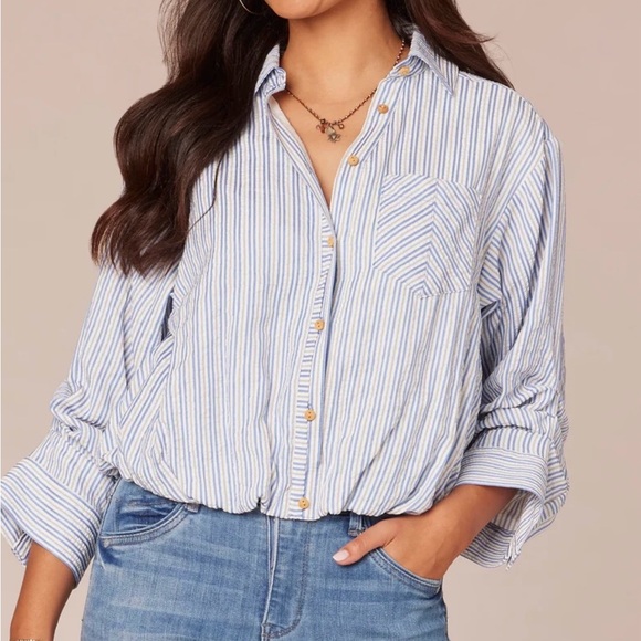 Democracy Three Quarter Tucked Sleeve Button Down Spliced Stripe Woven Shirt - Picture 8 of 8